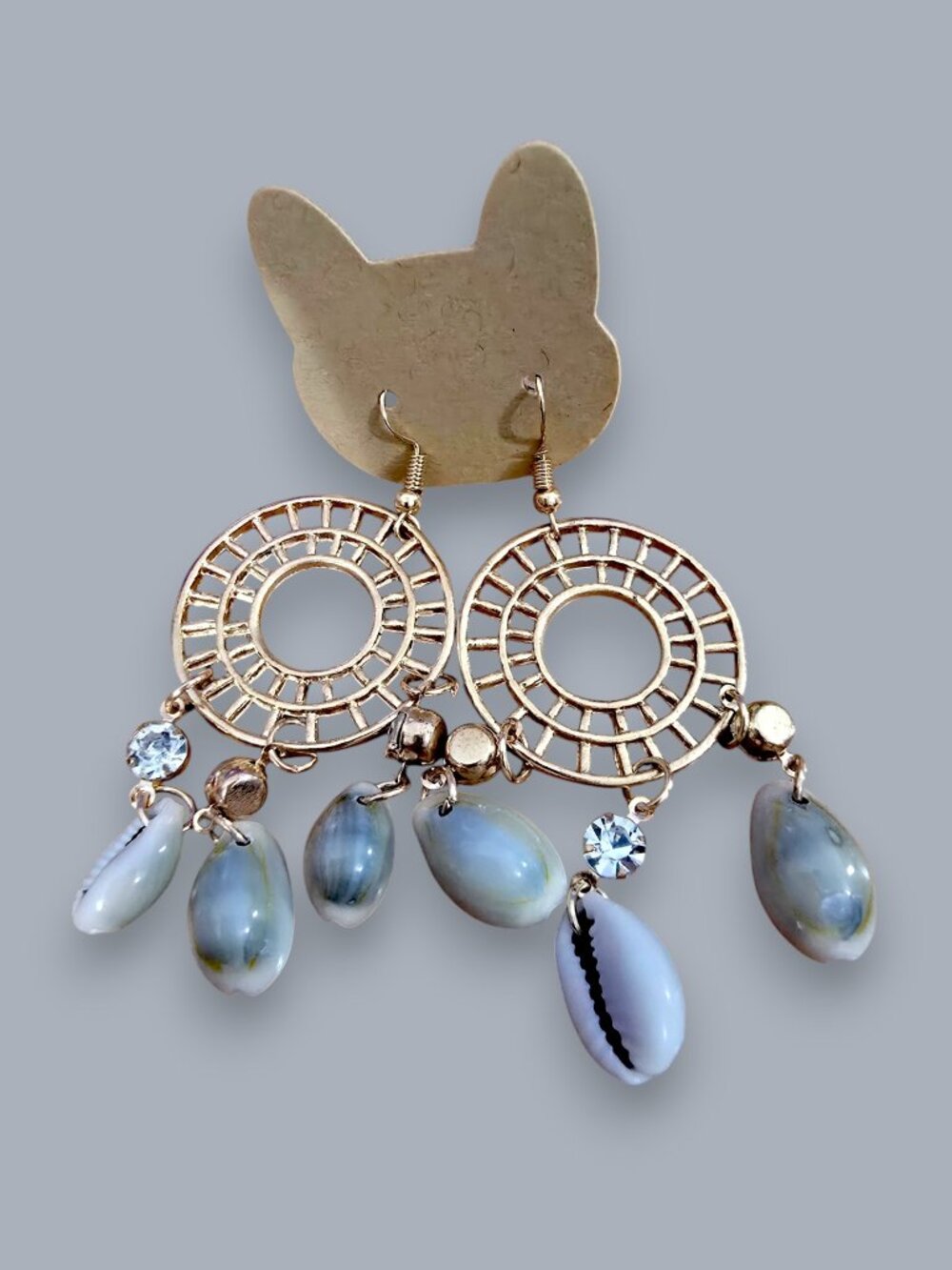 🔍 Boho Mermaidcore Cowrie Shell Chandelier Earrings Gold Rhinestone Y2K Dangle